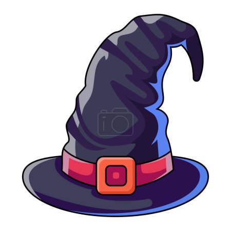 Illustration for Black magic hat. Cartoon magic witch hat. Wizard cap for Halloween party costume. Vector cartoon illustration of fantasy old magician or sorceress hat. - Royalty Free Image
