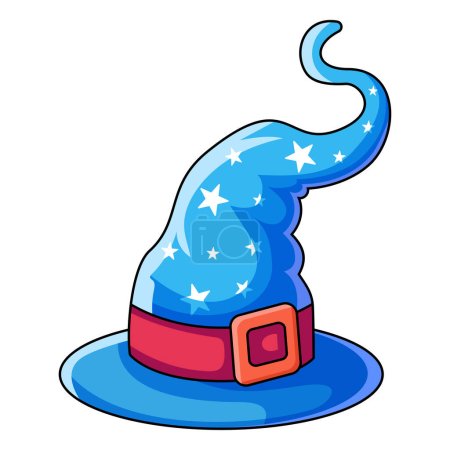 Illustration for Blue hat with stars. Cartoon magic witch hat. Wizard cap for Halloween party costume. Vector cartoon illustration of fantasy old magician or sorceress hat. - Royalty Free Image