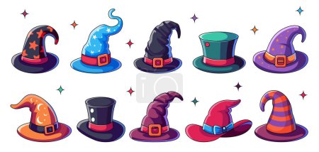 Illustration for Collection of cartoon magic witch hats. Wizard striped and spooky hats vector illustrations set. Wizard caps for Halloween party costume. Vector cartoon set of fantasy old magician or sorceress hats. - Royalty Free Image
