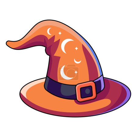 Illustration for Orange wizard hat. Cartoon magic witch hat. Wizard cap for Halloween party costume. Vector cartoon illustration of fantasy old magician or sorceress hat. - Royalty Free Image
