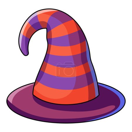 Illustration for Striped wizard hat. Cartoon magic witch hat. Wizard cap for Halloween party costume. Vector cartoon illustration of fantasy old magician or sorceress hat. - Royalty Free Image
