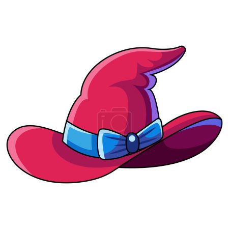Illustration for Red wizard hat. Cartoon magic witch hat. Wizard cap for Halloween party costume. Vector cartoon illustration of fantasy old magician or sorceress hat. - Royalty Free Image