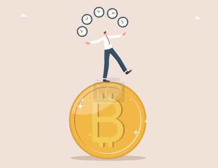 Téléchargez les illustrations : Temps de retour crypto-monnaie, les revenus de l'achat de monnaie numérique sur le marché crypto-monnaie, la gestion du temps réussie au succès sur le marché des changes, l'homme jongler horloge tout en se tenant sur Bitcoin - en licence libre de droit
