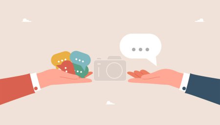 Illustration for Communication skills and business communication to achieve results, communication or discussion concept, work correspondence, public relations, information transfer, two hands holding speech bubbles. - Royalty Free Image