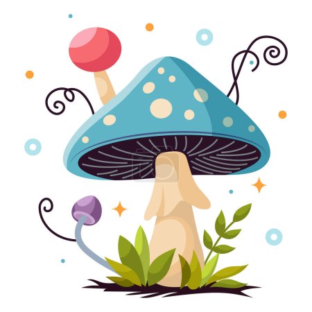 Illustration for Vector cartoon style fairy magic fantasy mushrooms with grass and twigs in magic forest. Vector fungi and fantastic toadstools isolated on white background. For web, video games, design printing. - Royalty Free Image