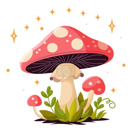 Illustration for Vector cartoon style fairy magic fantasy mushrooms with grass and twigs in magic forest. Vector fungi and fantastic toadstools isolated on white background. For web, video games, design printing. - Royalty Free Image