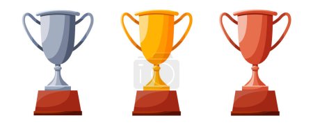 Illustration for Set of cups with curly handles. Winners cups, awards. Champions trophy, winning goblets. Prize reward icons. Shiny champion's cups for championships. Symbols of victory in sporting event, competition - Royalty Free Image