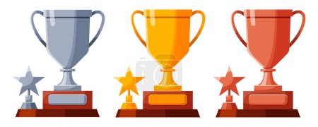 Illustration for Set of cups with stars. Winners cups, awards. Champions trophy, winning goblets. Prize reward icons. Shiny champion's cups for championships. Symbols of victory in a sporting event, competition - Royalty Free Image