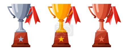 Illustration for Set of cups with ribbons. Winners cups, awards. Champions trophy, winning goblets. Prize reward icons. Shiny champion's cups for championships. Symbols of victory in a sporting event, competition - Royalty Free Image