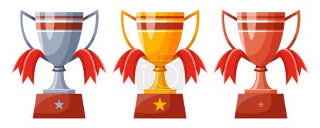 Illustration for Set of cups with red ribbons. Winners cups, awards. Champions trophy, winning goblets. Prize reward icons. Shiny champion's cups for championships. Symbols of victory in a sporting event, competition - Royalty Free Image