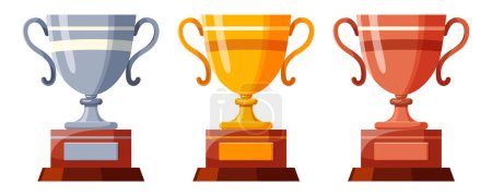 Set of cups with stripes. Winners cups, awards. Champions trophy, winning goblets. Prize reward icons. Shiny champion's cups for championships. Symbols of victory in a sporting event, competition