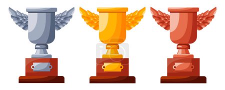 Illustration for Set of cups with wings. Winners cups, awards. Champions trophy, winning goblets. Prize reward icons. Shiny champion's cups for championships. Symbols of victory in a sporting event, competition - Royalty Free Image