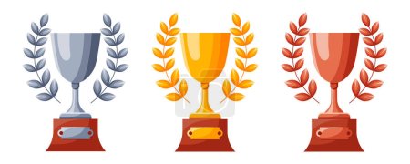 Illustration for Set of cups with wreaths. Winners cups, awards. Champions trophy, winning goblets. Prize reward icons. Shiny champion's cups for championships. Symbols of victory in a sporting event, competition - Royalty Free Image