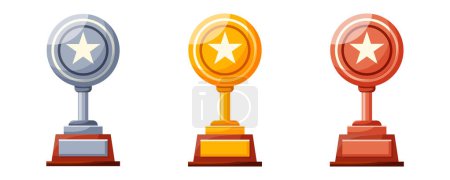 Illustration for Set of round cups with stars. Winners cups, awards. Champions trophy, winning goblets. Prize reward icons. Shiny champion's cups for championships. Symbols of victory in a sporting event, competition - Royalty Free Image