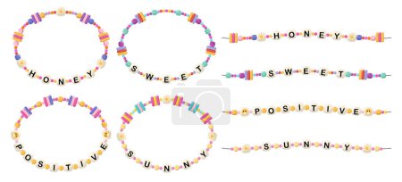 Illustration for Collection of vector jewelry, children's ornaments. Bracelet of handmade plastic beads. Set of bright colorful braided bracelets with letters from words honey, sweet, positive, sunny. - Royalty Free Image
