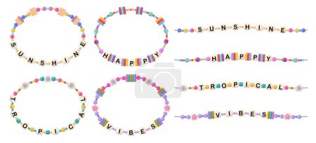 Collection of vector jewelry, children's ornaments. Bracelet of handmade plastic beads. Set of bright colorful braided bracelets with letters from words sunshine, happy, tropical, vibes