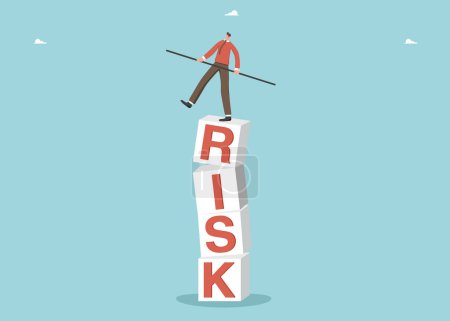 Risky choice of strategy or development path, obstacles and difficulties in achieving goals, fierce competition in the labor market, loss of funds in high-risk investments, man balancing on risk cubes