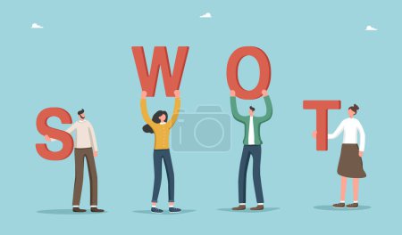 Illustration for SWOT analysis, brainstorming to set goals, SWOT analysis team working on opportunity list, strategic planning, implementing business analysis tools, project management, people holding letters SWOT. - Royalty Free Image