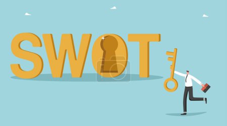 Illustration for SWOT analysis, search for creative strategy to win competitor, search for opportunities for business development and planning, implementation of analysis tools, man with key near SWOT with keyhole. - Royalty Free Image