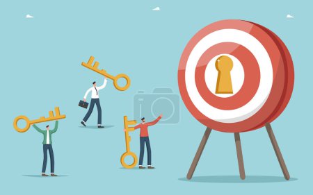 Teamwork to achieving business goals, motivation and determination for great success, creative strategies to achieve excellence in work and career growth, men with keys near dart board with keyhole.