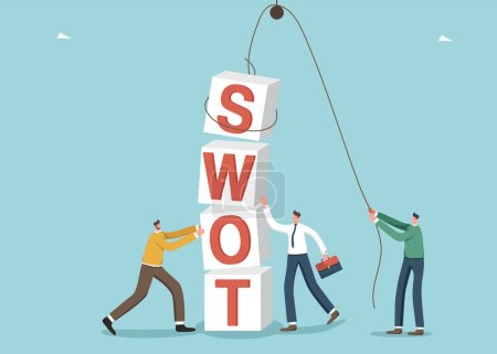 Ilustración de Análisis de SWOT, lluvia de ideas para establecer objetivos SMART, equipo de análisis de SWOT que trabaja en la lista de oportunidades, planificación estratégica, implementación de herramientas de análisis de negocios en la gestión de proyectos, resolución de equipos Cubos de SWOT - Imagen libre de derechos