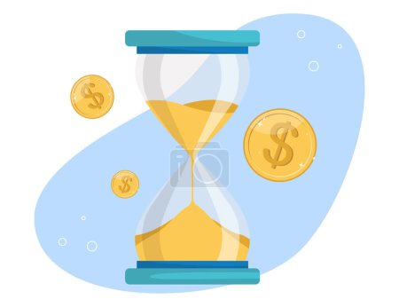Illustration for Time is money, earning investment income, pension fund concept, relationship between workload and income, successful time management to achieve reward, coins near the hourglass. - Royalty Free Image