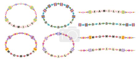 Collection of vector jewelry, children's ornaments. Bracelet of handmade plastic beads. Set of bright colorful braided bracelets with letters from words famile, daddy, mommy, child