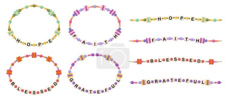 Collection of vector jewelry, children's ornaments. Bracelet of handmade plastic beads. Set of bright colorful braided bracelets with letters from words hope, faith, blessed, grateful.
