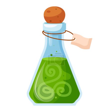 Illustration for Illustration of cartoon flasks with potion. Game potion. Magic phials 2D game UI icon asset, magic bottles for witchcraft, cartoon elixir, love potion poison and antidote. - Royalty Free Image