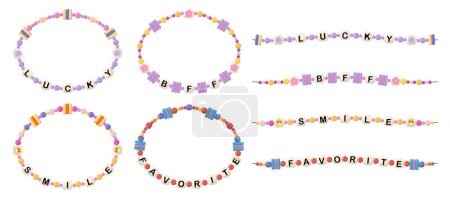 Collection of vector jewelry, children's ornaments. Bracelet of handmade plastic beads. Set of bright colorful braided bracelets with letters from words lucky, bff, smile, favorite