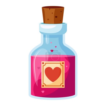 Illustration for Illustration of cartoon flasks with potion. Game potion. Magic phials 2D game UI icon asset, magic bottles for witchcraft, cartoon elixir, love potion poison and antidote. - Royalty Free Image
