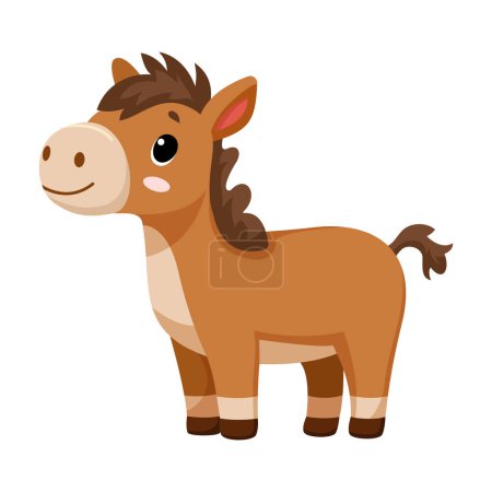 Cute funny horse, happy little equine. ute farm animal isolated on white background. Flat vector illustration.