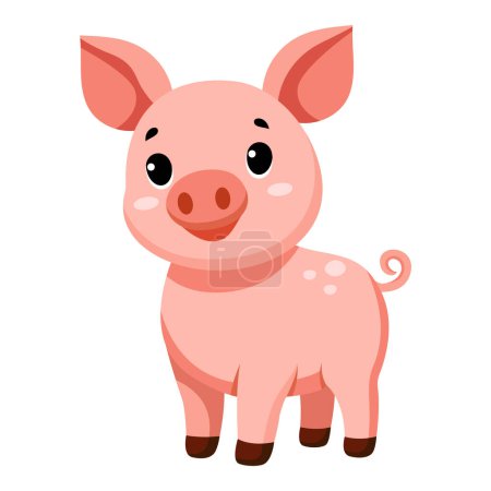 Cute funny pig, happy little piggy. ute farm animal isolated on white background. Flat vector illustration.