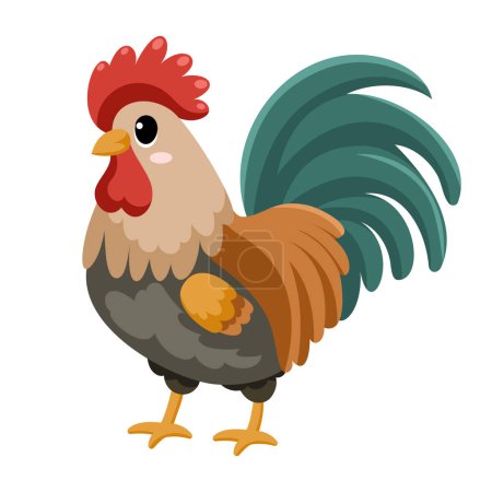 Illustration for Cute funny rooster, happy little chicken. ute farm animal isolated on white background. Flat vector illustration. - Royalty Free Image