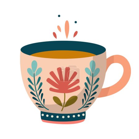 Tasse au design floral abstrait. Vaisselle en céramique. Plats mignons de différentes formes et modèles. Tasse anglaise vintage, tasse à café et tasse de cuisine, tasse à thé. Illustration vectorielle couleur dessinée à la main.