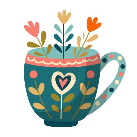 Illustration for Mug with abstract floral design. Ceramic tableware. Cute dishes of different shapes and patterns. Vintage English teacup, coffee cup and kitchen mug, tea cup. Hand drawn color vector illustration. - Royalty Free Image