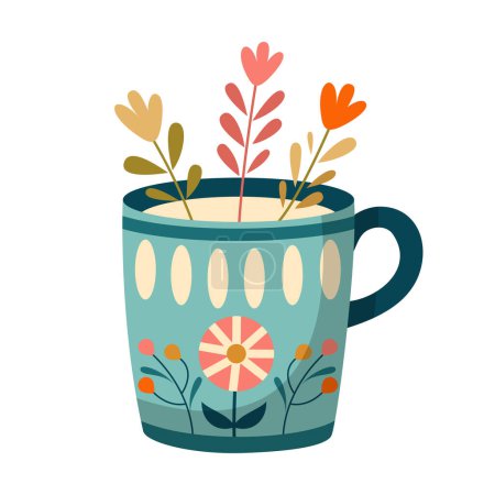 Mug with abstract floral design. Ceramic tableware. Cute dishes of different shapes and patterns. Vintage English teacup, coffee cup and kitchen mug, tea cup. Hand drawn color vector illustration.