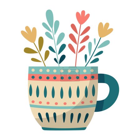 Mug with abstract floral design. Ceramic tableware. Cute dishes of different shapes and patterns. Vintage English teacup, coffee cup and kitchen mug, tea cup. Hand drawn color vector illustration.
