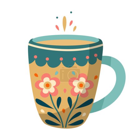 Tasse au design floral abstrait. Vaisselle en céramique. Plats mignons de différentes formes et modèles. Tasse anglaise vintage, tasse à café et tasse de cuisine, tasse à thé. Illustration vectorielle couleur dessinée à la main.