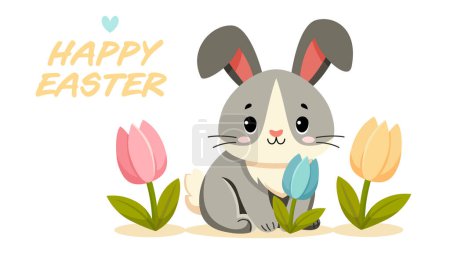 Illustration for Bunny sitting near flowers. Happy Easter Celebration.Traditional design element for Christian holiday. Flat vector illustration isolated on white background for banner, card, website, poster. - Royalty Free Image