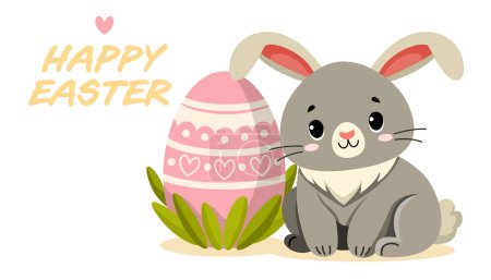 Illustration for Bunny sitting next to painted Easter egg. Happy Easter Celebration.Traditional design element for Christian holiday. Vector illustration isolated on white background for banner, card, website, poster - Royalty Free Image