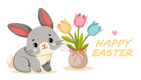 Illustration for Rabbit sits next to a vase of tulips. Happy Easter Celebration.Traditional design element for Christian holiday. Vector illustration isolated on white background for banner, card, website, poster. - Royalty Free Image