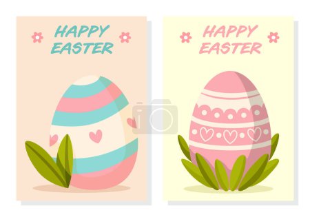 Illustration for Set of cards with eggs and grass. Happy Easter Celebration.Traditional design element for holiday. Vector illustration isolated on white background for banner, card, website, poster. - Royalty Free Image