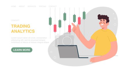 Illustration for Online trading, currency exchange, international investments, stock trading, financial analysis, stock market monitoring. Vector illustration for website, banner with man points to stock market chart. - Royalty Free Image