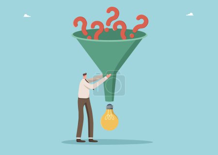 Illustration for Brainstorming to solve business problem, creativity or intelligence to create new ideas or opportunities, thought process, logic to achieve goals, man using funnel makes light bulb with question marks - Royalty Free Image