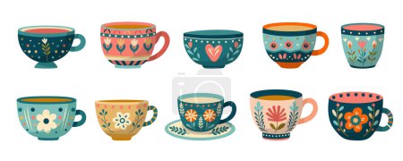 Ensemble de tasses au design floral abstrait. Vaisselle en céramique. Plats mignons de différentes formes et modèles. Collection de tasses à thé anglaises vintage, tasses à café et tasses de cuisine. Illustration dessinée main.
