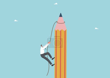 Eine richtige Richtung finden, um Höhen zu erreichen, große Idee, um Geschäftsprobleme zu lösen, neue Möglichkeiten, Brainstorming, um Erfolg bei den gesetzten Zielen zu erreichen, ein Mann klettert ein Seil an die Spitze eines Bleistifts.