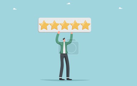 Kundenfeedback über Produkt- oder Dienstleistungsqualität, Fünf-Sterne-Bewertung, positives Service-Feedback, Erfahrung, Bewertungsrang, Nutzerzufriedenheit, Mann mit einem Schild mit Fünf-Sterne-Bewertung.