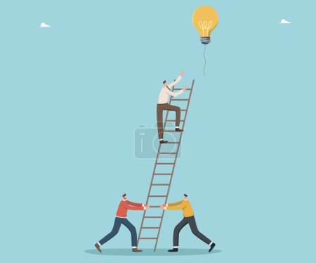 Illustration for Leadership in creating brilliant ideas to grow business or overcome challenges, intelligence or creativity to achieve goals, mentoring for innovation, man on stepladder reaches for light bulb balloon. - Royalty Free Image