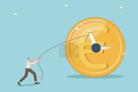 Illustration for Time is money, long-term return on investment, pension fund concept, interest income from investments or deposits, time to receive money, hourly wages, man pulling clock hands on a euro coin. - Royalty Free Image